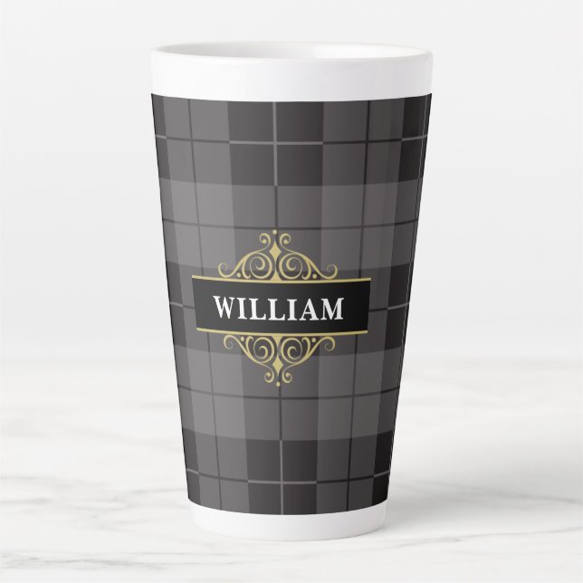 Tasse Latte Élégant Tartan Noir Plaid Monogramme (Devant)