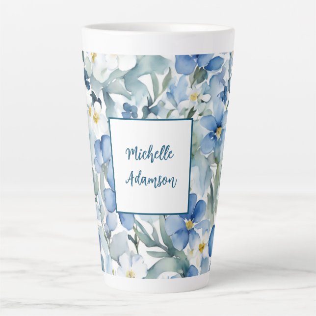 Tasse Latte Elégante Fleurs Bleues Bleues Bleues Rétro (Devant)