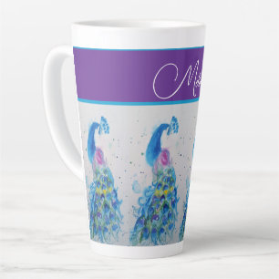 Tasse Latte Elégante Peacock Aquarelle Bleu Peinture Femmes