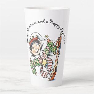 Tasse Latte Elfe heureux mignon dansant, dessin animé de Noël 