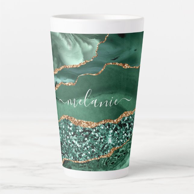 Tasse Latte Emerald Green Gold Marble Nom personnalisé Latte M (Devant)