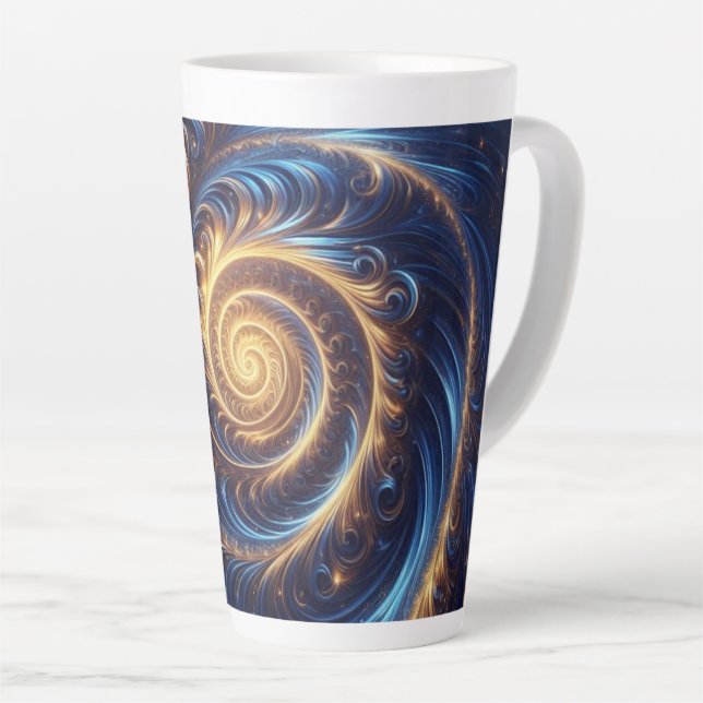Tasse Latte Espace Abstrait moderne Royal Blue et Gold Swirls (Angle droit)