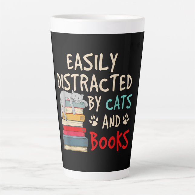 Tasse Latte Facilement distrait par les chats et les livres |  (Devant)
