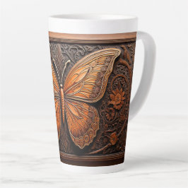 Tasse Latte Faux Embossed Wood Butterfly, Paisley and Flowers