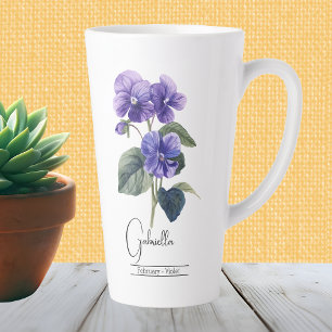 Tasse Latte Fête de la Fleur du Mois de naissance Violet Latte