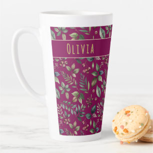Tasse Latte Feuilles d'hiver élégantes et baies Bourgogne pers