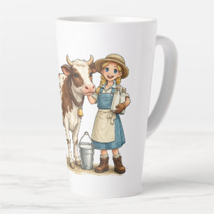 Tasse Latte Fille de la ferme avec vache, joli art de campagne