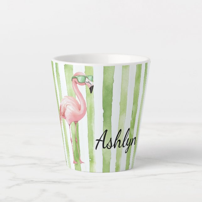 Tasse Latte Flamant rose Green Pink Stripes Anniversaire (Devant)