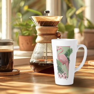 Tasse Latte Flamant Rose Tropical Feuilles de Palmier Vert Lys