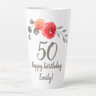 Tasse Latte Fleur Aquarelle Rose Rouge Fleurale 50e Anniversai