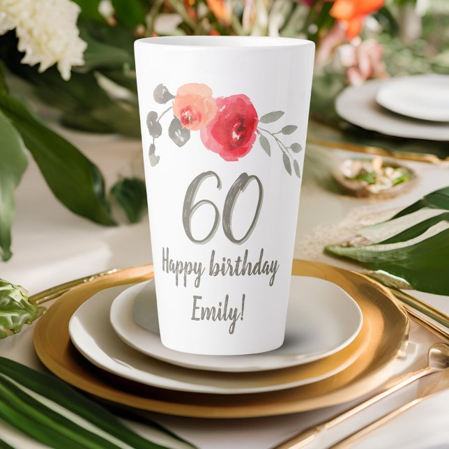 Tasse Latte Fleur d'aquarelle rouge rose 60e anniversaire Flor (Créateur téléchargé)