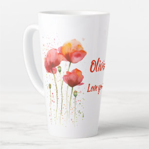 Tasse Latte Fleur de naissance d'août Coquelicots rouges Aquar