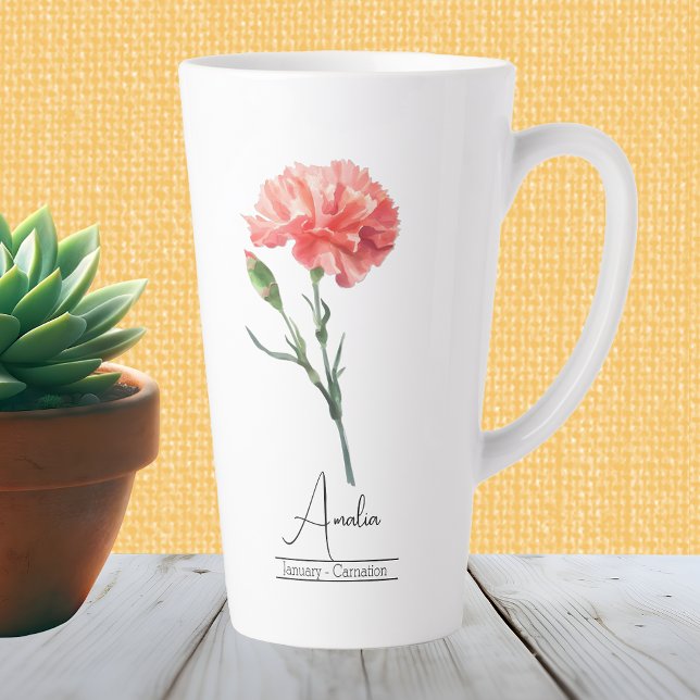 Tasse Latte Fleur du mois de naissance Janvier Carnation Latte (Créateur téléchargé)