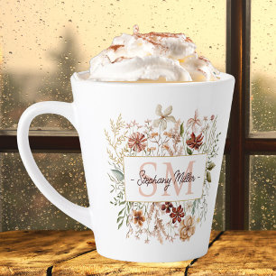 Tasse Latte Fleur Florale Élégante Monogramme Aquarelle Automn