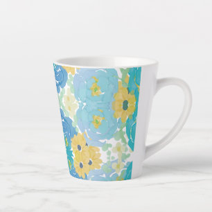 Tasse Latte Fleurs aquarelles bleues et jaunes