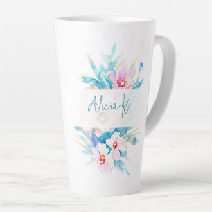 Tasse Latte Fleurs aquarelles personnalisées rose et bleu