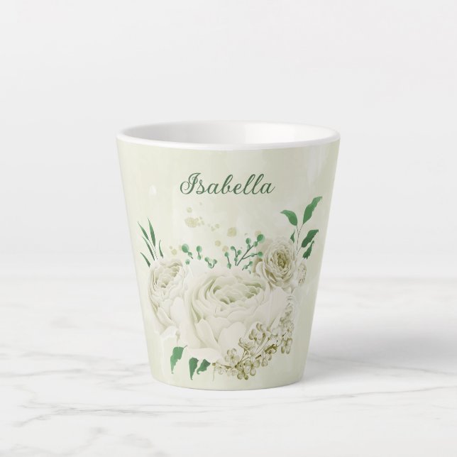 Tasse Latte Fleurs blanches ivoire romantiques verdure (Devant)