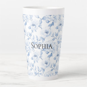 Tasse Latte Fleurs Blancs Chic Et Joli Bleu