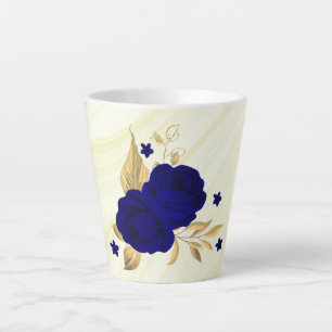 Tasse Latte fleurs bleu royal feuilles or marbre