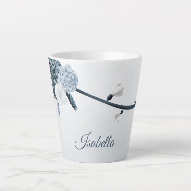 Tasse Latte fleurs bleues marine poussiéreuses botanique  (Devant)