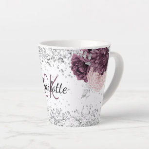 Tasse Latte Fleurs bordeaux argentées élégant nom monogramme