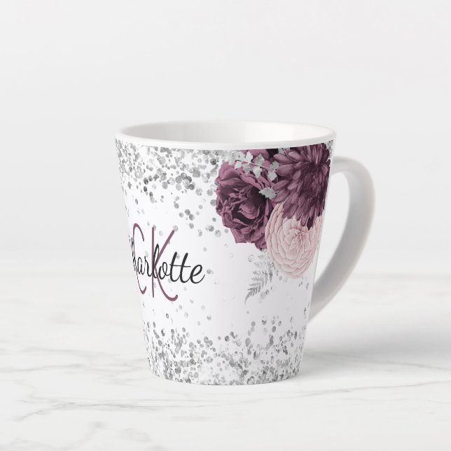 Tasse Latte Fleurs bordeaux argentées élégant nom monogramme (Angle droit)