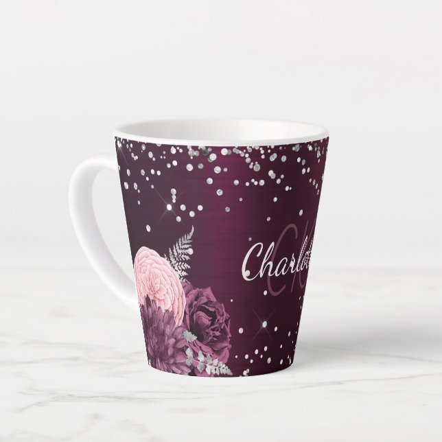 Tasse Latte Fleurs Bourgogne élégant nom monogramme (Angle gauche)
