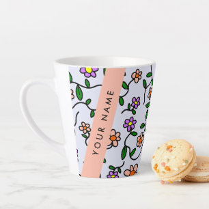 Tasse Latte Fleurs colorées, Arrière - plan bleu, Orange