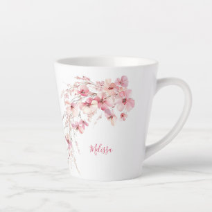 Tasse Latte Fleurs d'aquarelle rose Monogramme blanc