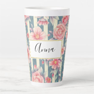 Tasse Latte Fleurs d'aquarelle rose sur bandes