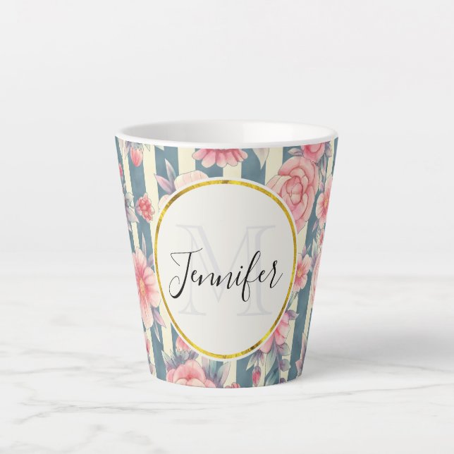 Tasse Latte Fleurs d'aquarelle rose sur bandes Monogramme (Devant)
