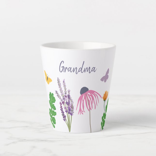 Tasse Latte Fleurs de jardin et papillons Grand-mère Anniversa (Devant)