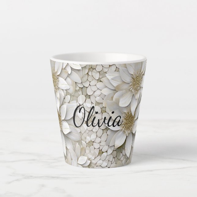 Tasse Latte Fleurs de Lotus Blanc Or Personnalisées (Devant)