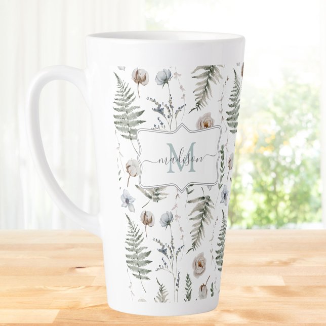 Tasse Latte Fleurs de monogramme et feuilles de fougère floral (In situ)