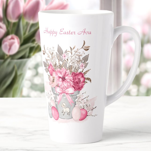 Tasse Latte Fleurs de printemps roses Pâques Nom personnalisé (Pink Spring flowers Easter Personalized Name Latte Mug)