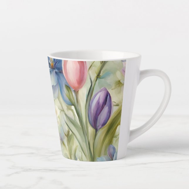 Tasse Latte Fleurs De Printemps Sophistiquées. Peinture (Droite)