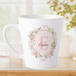 Tasse Latte Fleurs de rose rose poudré en aquarelle à monogram