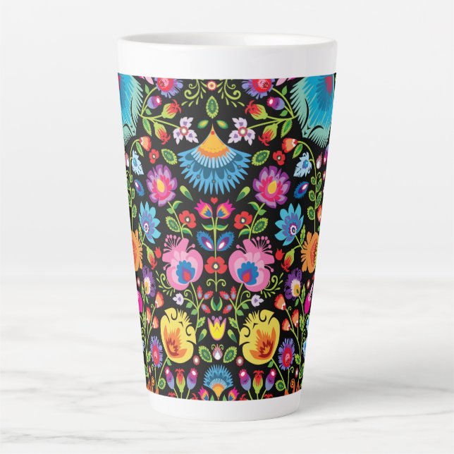Tasse Latte Fleurs folkloriques Wycinanki noir  (Devant)