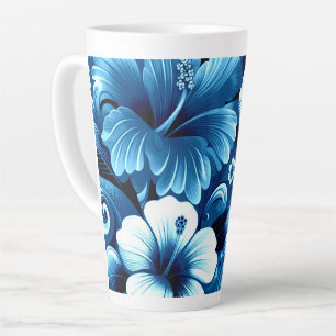 Tasse Latte Fleurs hawaïennes tropicales Hibiscus Motif bleu