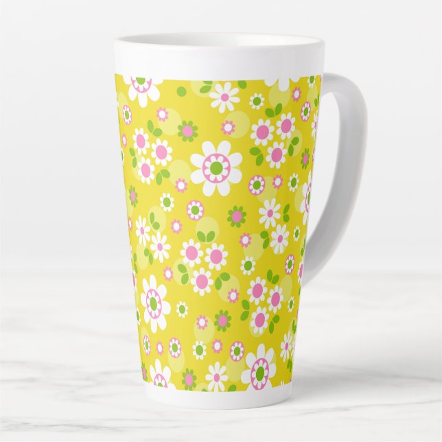 Tasse Latte Fleurs Mood Rétro Jaune & Blanc (Angle droit)