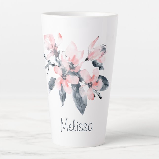 Tasse Latte Fleurs rose et gris Aquarelle classique (Devant)
