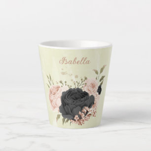 Tasse Latte fleurs roses blush noir