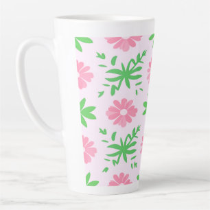 Tasse Latte Fleurs roses et feuilles verts sans couture motif