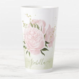 Tasse Latte fleurs roses romantiques verdure