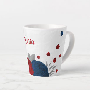 Tasse Latte fleurs rouges et bleu marine argentées botaniques