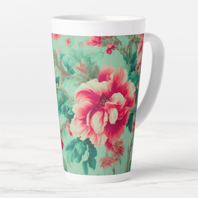Tasse Latte Fleurs rouges exquises et Feuilles verts (Angle droit)