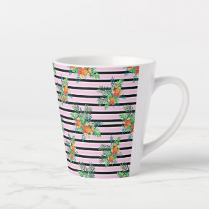 Tasse Latte Floral Black and Pink Stripes