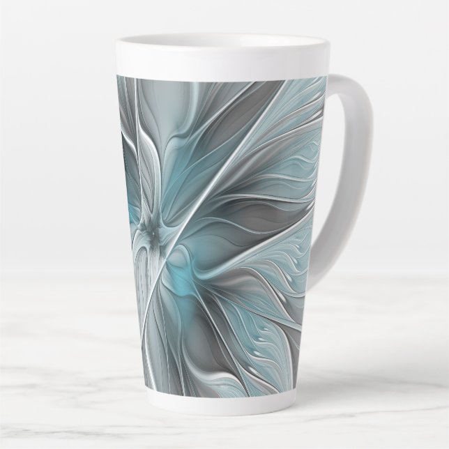 Tasse Latte Floral Fractal Moderne Fleur Abstrait gris bleu (Angle droit)
