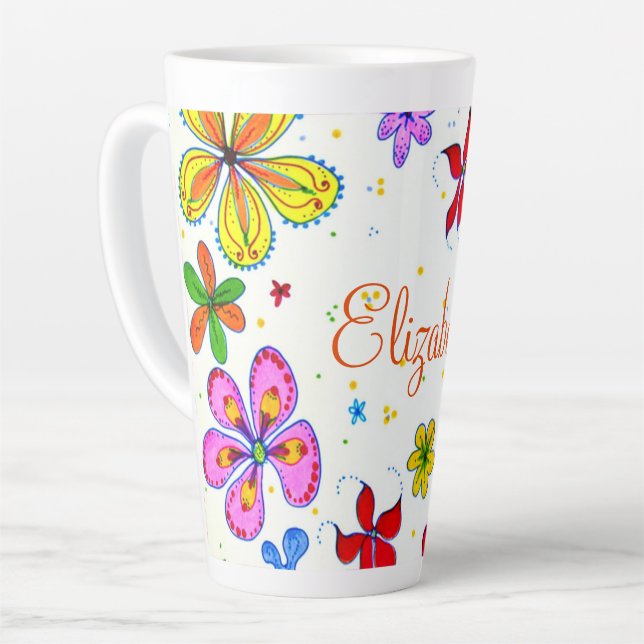Tasse Latte Flore retro dessiné à la main personnalisée (Angle gauche)