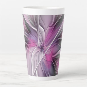 Tasse Latte Fractal Floral Moderne Abstrait Fleur Rose Gris